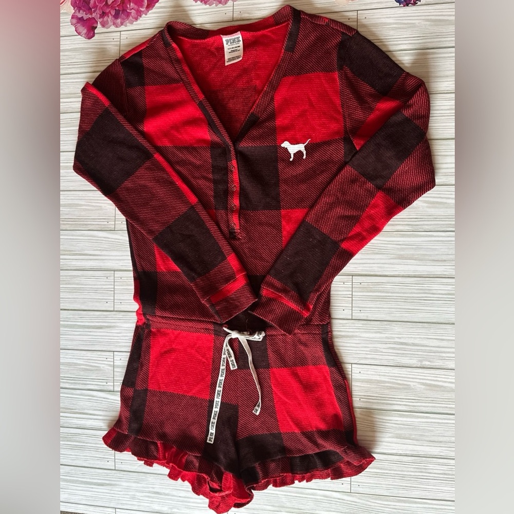 Victoria’s Secret PINK Red Buffalo Plaid One Piece Shorts Romper Pajamas Size S
